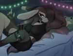  amphibian anthro atmospheric bed big_ears cai female flophelia frog froggy furniture hare hi_res lagomorph leporid long_ears lying lying_on_bed mammal misscaine on_bed rabbit squish squishmallow string_lights techwear 