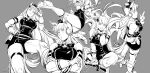  1girl absurdres animal_ears armband bare_shoulders blunt_bangs boots bow bowtie chinese_commentary closed_eyes commentary_request crossed_arms dress drop_kick ear_bow flying_kick from_below gloves gold_ship_(umamusume) grey_background greyscale half-closed_eyes hand_on_own_face hand_on_own_hip headgear high_heel_boots high_heels highres horse_ears horse_girl horse_tail indian_style kicking knee_boots looking_at_viewer monochrome multiple_views no_headwear outline pantyhose pillbox_hat ruukii_drift sideways_glance sitting sleeveless sleeveless_dress tail tall_female umamusume 