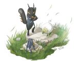  artist_name claws crossed_arms evolutionary_line falling_leaves grass highres leaf lokix mokuzou_(moku_ssbu) no_humans nymble pokemon pokemon_(creature) rock signature standing tarountula white_background yellow_eyes 