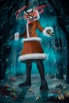  2022 alice_the_vixen anthro breasts canid canine clothed clothing coat female fox fur gloves glowing glowing_eyes handwear hi_res hybrid mammal multicolored_body multicolored_fur open_mouth red_eyes smile snow solo standing sweets tiny_bunny topwear winter winter_coat 