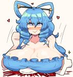  1girl areola_slip blood blush breast_crush chisel closed_mouth collarbone commentary commission drill_hair drill_sidelocks english_commentary hair_ornament hair_rings hair_stick heart highres kaku_seiga medium_hair notnoe_(dxcl) short_eyebrows sidelocks smile solo_focus sweat thumbs_up touhou 