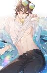  1boy abs bishounen blush brown_eyes brown_hair clothes_lift dt.calico eating eiden_(nu_carnival) eyewear_on_head food gem highres ice_cream lifted_by_self light_brown_hair long_sleeves looking_at_viewer male_focus navel nu_carnival pectorals popsicle see-through shirt shirt_lift short_hair smile sunglasses wet wet_clothes wet_shirt 