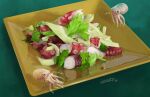  absurdres animal calamari dated food green_background highres lettuce no_humans octopus original plate reflection signature suction_cups surreal tainosuke 