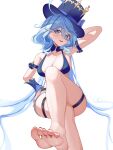  1girl absurdres arm_behind_head arm_strap bikini blue_bikini blue_eyes blue_hair blue_headwear breasts cleavage crossed_legs drop-shaped_pupils ederh feet foreshortening furina_(genshin_impact) genshin_impact hair_between_eyes hand_on_own_hip hat highres invisible_chair large_breasts legs light_blue_hair long_hair looking_at_viewer mismatched_pupils multicolored_hair open_mouth sitting smile soles solo swimsuit thigh_strap toes top_hat very_long_hair white_background 