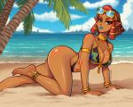  absurdres anklet armlet ass beach bikini blue_lips blue_nails bracelet breasts cleavage dark-skinned_female dark_skin day eyewear_on_head gerudo gold gravey_draws green_hair highleg highres jewelry large_breasts midriff navel necklace ocean outdoors palm_tree pointy_ears red_hair riju sunglasses swimsuit the_legend_of_zelda the_legend_of_zelda:_tears_of_the_kingdom thick_eyebrows thong tree 