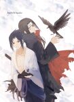  2boys absurdres akatsuki_uniform back-to-back bird bird_on_hand black_cloak black_hair black_pants black_robe black_wings cape cloak cloud crow expressionless feathered_wings hand_up headband highres japanese_clothes long_hair lydiaaa male_focus multiple_boys naruto naruto_(series) one_eye_closed open_clothes open_robe outstretched_hand pants parted_bangs robe short_hair sky torn_cape torn_clothes uchiha_itachi uchiha_sasuke white_robe wings 