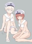  2girls bikini bikini_skirt blue_eyes breasts brown_eyes brown_hair clothes_writing grey_background hat hikashima_(shiofune) kantai_collection looking_at_viewer multiple_girls sailor_bikini sailor_collar sailor_hat sandals short_hair side-tie_bikini_bottom simple_background small_breasts smiley_face swimsuit white_bikini white_hair white_headwear white_sailor_collar z1_leberecht_maass_(kancolle) z3_max_schultz_(kancolle) 