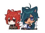  2boys animal_ears antenna_hair black_gloves blue_eyes blue_hair cat_ears diluc_(genshin_impact) eyepatch genshin_impact gloves kaeya_(genshin_impact) long_hair low_ponytail marimo_jh multiple_boys open_mouth red_eyes red_hair simple_background smile upper_body very_long_hair white_background 