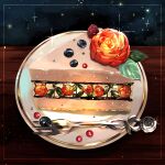  blueberry cake flower food food_focus fork fruit leaf no_humans original plate rose sparkle tsukimi_tsumugu 