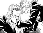  2boys black_jacket blonde_hair coat daybit_sem_void fate/grand_order fate_(series) highres jacket jewelry long_hair long_sleeves male_focus medallion monochrome mosoplant multiple_boys necklace open_clothes open_jacket short_hair simple_background sunglasses tezcatlipoca_(fate) trench_coat upper_body white_background 