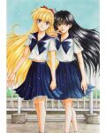  aino_minako bishoujo_senshi_sailor_moon black_hair blonde_hair blue_bow blue_bowtie blue_eyes blue_sailor_collar blue_skirt bow bowtie hair_bow highres hino_rei juuban_high_school_uniform long_hair midriff_peek pleated_skirt purple_eyes red_bow sailor_collar school_uniform serafuku shirt skirt socks tami120311 white_shirt white_socks 