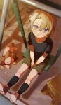  1boy absurdres aged_down bag_removed black_shirt black_socks blonde_hair brown_footwear commentary foot_out_of_frame green_bag green_shorts hair_between_eyes highres looking_at_viewer looking_up luca_kaneshiro male_child male_focus nijisanji nijisanji_en parted_lips playground purple_eyes salty_gana shirt shoes short_sidetail short_sleeves shorts sitting socks solo stuffed_animal stuffed_lion stuffed_toy swing swing_set t-shirt virtual_youtuber 