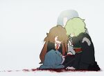  1boy 3girls ahoge armband black_jacket black_pants blood blood_in_hair blood_on_clothes blood_on_face blood_on_hands blue_hair brown_hair chinese_commentary commentary_request crying dying employee_(lobotomy_corporation) highres jacket kneeling light_green_hair lobotomy_corporation long_hair long_sleeves multiple_girls necktie open_mouth pants project_moon red_armband red_necktie shirt short_hair simple_background tesna white_background white_shirt 