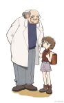  1boy 1girl agasa_hiroshi backpack bag bald blue_eyes brown_hair clothes_tug facial_hair female_child glasses grey_hair haibara_ai hair_between_eyes highres lab_coat long_sleeves meitantei_conan minamip mustache short_hair shorts smile 