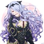  1girl armor artist_name black_armor breasts camilla_(fire_emblem) capelet cleavage fire_emblem fire_emblem_fates gauntlets hair_over_one_eye long_hair looking_at_viewer mojakkoro open_mouth purple_hair red_eyes solo teeth tiara upper_body upper_teeth_only 