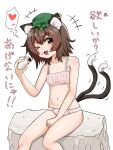  &gt;_o +++ 1girl ;3 ;d animal_ear_fluff animal_ears bare_legs blush bow bowtie brown_eyes brown_hair bun_(food) cat_ears cat_tail chen commentary_request diagonal_stripes drooling earrings fang feet_out_of_frame flat_chest food food_on_face green_headwear hair_between_eyes hat heart highres holding holding_food jewelry long_sleeves looking_at_viewer medium_hair messy_hair mob_cap mouth_drool multiple_tails navel nekomata one_eye_closed petite s_zonmbi simple_background single_earring sitting smile solo spoken_heart striped tail touhou translation_request two_tails underwear white_background yellow_bow yellow_bowtie 