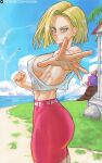  1girl 2boys android_18 beach blonde_hair blue_eyes blue_sky breasts clenched_hand dragon_ball earrings highres howxen jewelry looking_at_viewer multiple_boys muscular muscular_female muten_roushi old old_man open_hand short_hair shorts sideboob signature sky son_goku toned 