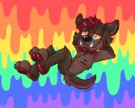  abstract_background anthro black_nose brown_body brown_fur chibi fangs fur hair half-closed_eyes hands_behind_head lgbt_pride lounging lying male mammal multicolored_eyes narrowed_eyes on_back pawpads pride_colors rainbow_background rainbow_eyes red_hair red_pawpads simple_background smile solo suid suina sus_(pig) teeth toony unoraccoonart wavy_mouth wild_boar 