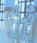  amishima_matsuri closed_eyes commentary_request crossed_arms gari hand_up inamoto_miyu jacket looking_at_another okujou_no_yurirei-san open_mouth partially_colored pleated_skirt short_hair skirt smile sweater track_jacket yuri 