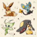  animal_focus blue_eyes brown_fur celebi colored_skin commentary_request eevee green_skin mawile no_humans pokemon pokemon_(creature) prehensile_hair red_eyes sharp_teeth shinx simple_background tail teeth towa_(clonea) white_background yellow_eyes 