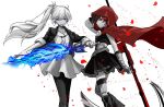  2girls black_dress blue_eyes blush cape color_contrast dress english_commentary flaming_sword flaming_weapon glowing glowing_eye gradient_hair grey_eyes highres holding holding_weapon jacket long_hair multicolored_hair multiple_girls petals red_hair red_hood rose_petals ruby_rose rwby scar scar_across_eye scythe short_hair sword tuemei weapon weiss_schnee white_dress white_hair yuri 