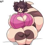 anthro big_breasts black_eyes breasts brown_hair cleavage cleavage_cutout clothed clothing female furret generation_2_pokemon hair huge_breasts huge_thighs keyhole_clothing looking_at_viewer nintendo omegabrawl pokemon pokemon_(species) sitting smile solo sweater thick_thighs topwear 