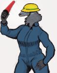  armedantagonist armedantagonist_(raid) armor baggy_clothing canid canine canis clothing coveralls female gesture hard_hat headgear helmet humanoid mammal marshalling_wand neck_tuft shadowed_eyes solo tuft waving wolf 