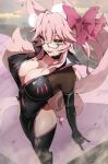  1girl absurdres animal_ear_fluff animal_ears black_bodysuit bodysuit bow breasts center_opening choker cleavage fate/grand_order fate_(series) fox_ears fox_girl fox_tail glasses hair_between_eyes hair_bow highres hip_vent koyanskaya_(assassin)_(first_ascension)_(fate) koyanskaya_(fate) large_breasts long_hair looking_at_viewer open_mouth pink_bow pink_hair ponytail sidelocks smile solo tail tamamo_(fate) thighs toyosu yellow_eyes 
