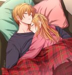  1boy 1girl absurdres asgykk black_shirt blanket blonde_hair blush brother_and_sister closed_eyes highres hoshino_aquamarine hoshino_ruby long_hair long_sleeves oshi_no_ko pillow pink_hood shirt short_hair siblings sleeping sleepy twins 