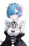  1girl :d black_dress blue_eyes blue_hair blush breasts cleavage cleavage_cutout clothing_cutout detached_sleeves dress flower frilled_dress frills hair_flower hair_ornament hair_over_one_eye hair_ribbon hairclip highres looking_at_viewer maid_headdress medium_breasts parted_lips pink_ribbon re:zero_kara_hajimeru_isekai_seikatsu rem_(re:zero) ribbon short_hair simple_background smile solo suashi upper_body v_arms white_background x_hair_ornament 