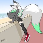  animal_humanoid beach big_breasts black_sclera blush blush_lines bodily_fluids bottomwear breasts butt canid canid_humanoid canine canine_humanoid clothing erect_nipples female footwear fox_humanoid fuyumi_(zedrin) green_eyes green_hair grey_hair hair hi_res huge_breasts humanoid hyper hyper_breasts lactating looking_back mammal mammal_humanoid multicolored_hair nipple_outline nipples one_eye_obstructed open_mouth sand seaside shadow shirt shoes shorts signature smile solo tail text topwear water wet wet_clothing zedrin 