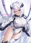  1girl :o absurdres asymmetrical_legwear azur_lane black_gloves blush breasts covered_navel gloves hair_between_eyes headgear highleg highleg_leotard highres jacket kearsarge_(azur_lane) large_breasts leotard long_hair long_sleeves looking_at_viewer makihige purple_eyes shrug_(clothing) sideboob single_thighhigh solo taut_leotard thighhighs very_long_hair white_hair white_jacket white_leotard white_thighhighs 