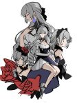  4girls bare_shoulders black_dress breasts character_request cleavage closed_mouth commentary_request dress elbow_gloves flower gloves grey_eyes grey_hair hair_between_eyes hand_up highres honkai_(series) honkai_impact_3rd long_hair looking_at_viewer medium_breasts mie_xing multiple_girls red_flower red_rose ringlets rose simple_background very_long_hair white_background white_dress white_gloves 