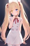  1girl absurdres ai-generated blonde_hair blue_eyes blush breasts collar collarbone dress heterochromia highres light_smile long_hair looking_at_viewer nakatsu_shizuru non-web_source rewrite small_breasts socks solo twintails very_long_hair white_dress white_socks yellow_eyes 