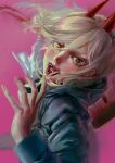  1girl absurdres arm_up chainsaw_man commentary_request grey_hair hair_between_eyes hand_up highres hood hoodie horns lips looking_at_viewer nose open_mouth painterly pink_background power_(chainsaw_man) realistic red_eyes sharp_teeth simple_background sitry solo teeth upper_body 