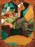  1boy alcohol bara barrel beer blonde_hair boots coat cup edward_newgate framed_image from_side full_body gold hat highres large_hat large_pectorals leg_up long_mustache looking_at_viewer male_focus mature_male mug muscular muscular_male one_piece pectoral_cleavage pectorals pirate pirate_hat scar scar_on_chest sideways_glance sitting solo thick_eyebrows trickstermelon 