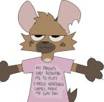  2023 anthro brown_body brown_fur cheek_tuft clothing digital_media_(artwork) facial_tuft fur gloves_(marking) hyena mammal mangoyena markings notched_ear pink_clothing pink_shirt pink_t-shirt pink_topwear shirt simple_background smile solo t-shirt text_on_t-shirt topwear tuft white_background 