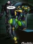  2021 abs adam_smasher_(cyberpunk) android anthro athletic athletic_anthro balls biped black_body breasts carrying_over_shoulder claws clothing cobra crate cybernetic_arm cybernetic_limb cybernetics cyberpunk_2077 cyborg dialogue duo english_text fangs footwear genitals glowing green_eyes green_tongue gun hand_on_own_hip hi_res high_heels holding_gun holding_object holding_weapon human licking licking_lips licking_own_lips looking_at_another looking_back machine machinewithsoul male mammal non-mammal_breasts nude open_mouth pescadera_navarro_(machinewithsoul) pupils pussy ranged_weapon red_eyes reptile robot scalie slit_pupils snake snake_hood speech_bubble standing teeth text thick_thighs toe_claws tongue tongue_out visor weapon 