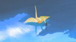 1boy artist_name barefoot blue_theme dated hand_on_another&#039;s_head highres nothingblues_yuki on_water origami original oversized_object paper_crane reflection shadow signature 