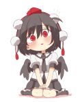  1girl absurdres black_hair black_necktie black_skirt black_socks black_wings blush chibi collared_shirt colored_shadow dress_shirt feathered_wings frilled_skirt frills full_body hair_between_eyes hands_on_lap hat head_tilt highres looking_at_viewer mini_hat necktie no_shoes notice_lines own_hands_together parted_lips pleated_skirt puffy_short_sleeves puffy_sleeves red_eyes red_headwear shadow shameimaru_aya shirt short_sleeves simple_background sitting skirt socks solo tokin_hat totoharu_(kujirai_minato) touhou wariza white_background white_shirt wings 
