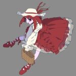  1girl arima_kana basket bob_cut dress grey_background hat hat_ribbon hinabo0 holding holding_basket inverted_bob looking_at_viewer open_mouth oshi_no_ko red_dress red_eyes red_footwear red_hair red_ribbon red_skirt ribbon shirt short_hair simple_background skirt solo white_headwear 