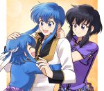  1boy 2girls aged_up alternate_costume betabetamaru black_hair black_shirt blue_eyes blue_hair blue_shirt blush child closed_eyes closed_mouth commentary_request commission father_and_daughter fire_emblem fire_emblem:_genealogy_of_the_holy_war gold_trim hair_between_eyes highres hug husband_and_wife if_they_mated jewelry larcei_(fire_emblem) long_hair long_sleeves looking_at_another mother_and_daughter multiple_girls necklace open_mouth ponytail purple_eyes purple_shirt sash seliph_(fire_emblem) shirt short_hair short_hair_with_long_locks short_sleeves sidelocks skeb_commission smile two-tone_shirt very_long_hair white_shirt 