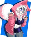  5_fingers anthro big_breasts black_bottomwear black_clothing black_nose black_shorts black_topwear bottomwear breasts canid canine canis cheek_tuft claws cleavage clothed clothing digital_media_(artwork) eyelashes facial_tuft fangs female female_anthro fingers fur grey_body grey_fur hair hi_res highlights_(coloring) hoodie idrakon kemono long_hair looking_at_viewer mammal midriff navel okami_bark one_eye_closed open_clothing open_topwear pawpads pink_clothing pink_highlights pink_hoodie pink_pawpads pink_tongue pink_topwear purple_eyes shorts simple_background smile solo standing tail teeth tongue tongue_out topwear tuft white_body white_fur white_hair wink winking_at_viewer wolf 