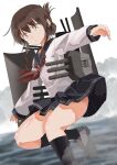  absurdres black_sailor_collar black_skirt black_socks brown_eyes brown_hair cannon cloud feet_out_of_frame folded_ponytail haida_katsuretsu highres horizon inazuma_(kancolle) kantai_collection kneehighs long_hair machinery neckerchief ocean outstretched_arms pleated_skirt red_neckerchief sailor_collar sailor_shirt school_uniform serafuku shield shirt skirt socks turret white_shirt 