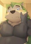 absurd_res anthro belly blush canid canine canis clothing cupping_cheek disembodied_hand domestic_dog embarrassed eyebrows fur green_body green_fur hi_res lifewonders live_a_hero male mammal mokdai musclegut pecs shirt suro964708 t-shirt thick_eyebrows topwear 