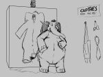  after_transformation anthro big_ears bow_tie casting_mold cervalt clothing elephant elephantid english_text featureless_crotch hair hand_on_stomach hi_res male mammal monochrome nails necktie nude proboscidean proboscis_(anatomy) sign simple_background slightly_chubby solo text toenails toonification toony trunk_(anatomy) 