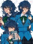  1girl absurdres aoba_tsumugi blazer blue_hair blue_jacket book closed_mouth collared_shirt ensemble_stars! genderswap genderswap_(mtf) glasses green_eyes green_skirt green_sweater_vest highres holding holding_book jacket long_hair long_sleeves lummy_yummy open_mouth plaid plaid_skirt school_uniform shirt skirt solo spoken_blush sweater_vest wavy_hair white_background white_shirt yumenosaki_school_uniform 