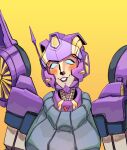  1girl blue_eyes blush breasts colored_skin highres humanoid_robot itstom06331391 looking_at_viewer mecha mecha_musume medium_breasts nautica_(transformers) purple_lips robot science_fiction solo sweater the_transformers_(idw) transformers yellow_background 