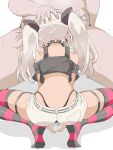  1boy 1girl black_collar black_thighhighs clothed_female_nude_male collar commentary_request commission crop_top fellatio from_behind grey_hair hand_on_another&#039;s_head hetero highres long_hair matsukai_mao matsukai_mao_(1st_costume) nijisanji nude ohako oral pixiv_commission red_thighhighs shorts spiked_collar spikes squatting striped striped_hair striped_thighhighs thighhighs twintails two-tone_thighhighs virtual_youtuber white_shorts 