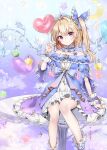  1girl alternate_costume balloon blonde_hair blue_bow blue_dress blush bow closed_mouth collarbone crescent dress earrings feet_out_of_frame flandre_scarlet hair_bow heart_balloon highres jewelry long_hair looking_at_viewer one_side_up petticoat pointy_ears red_eyes shironeko_yuuki short_sleeves sitting smile solo star_(symbol) touhou wings wrist_cuffs 